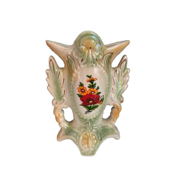 Lusterware Footed Vase 1749 Pearlescent Made in Brazil 8” Tall Vintage Flowers - Picture 3 of 10